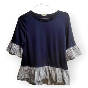 Pleione Peplum Ruffle Striped Blouse‎ Navy Blue Medium Business Casual Twee
